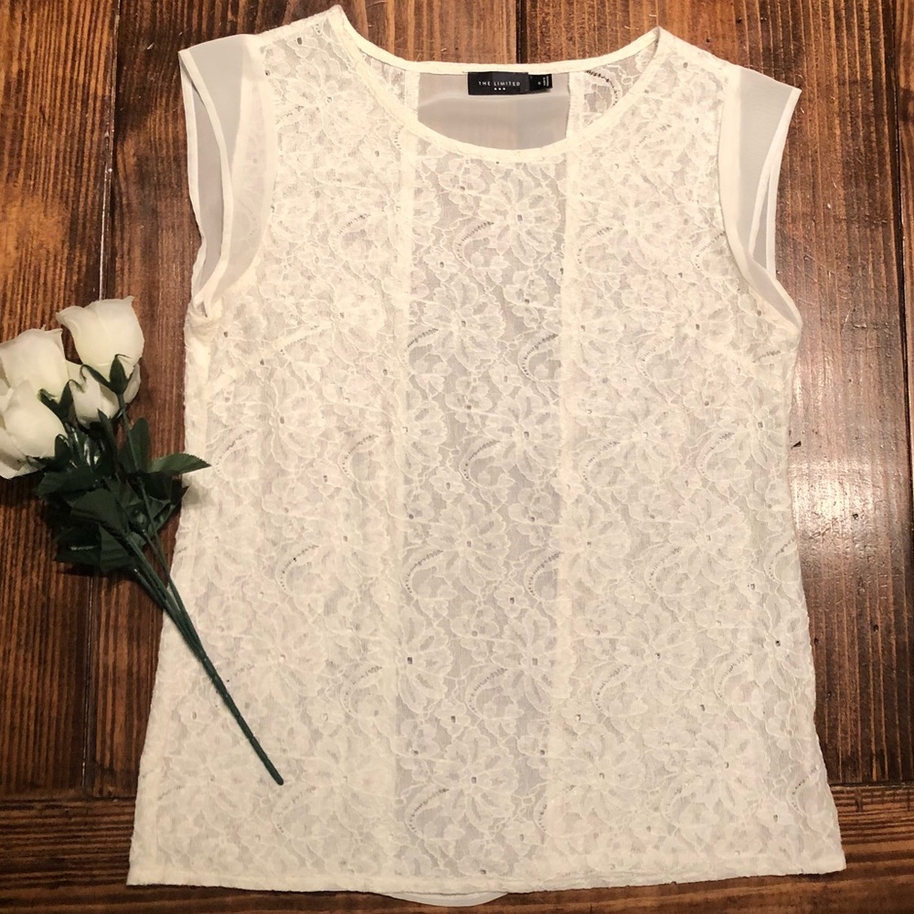 The Limited cream lace sheer cap sleeve top